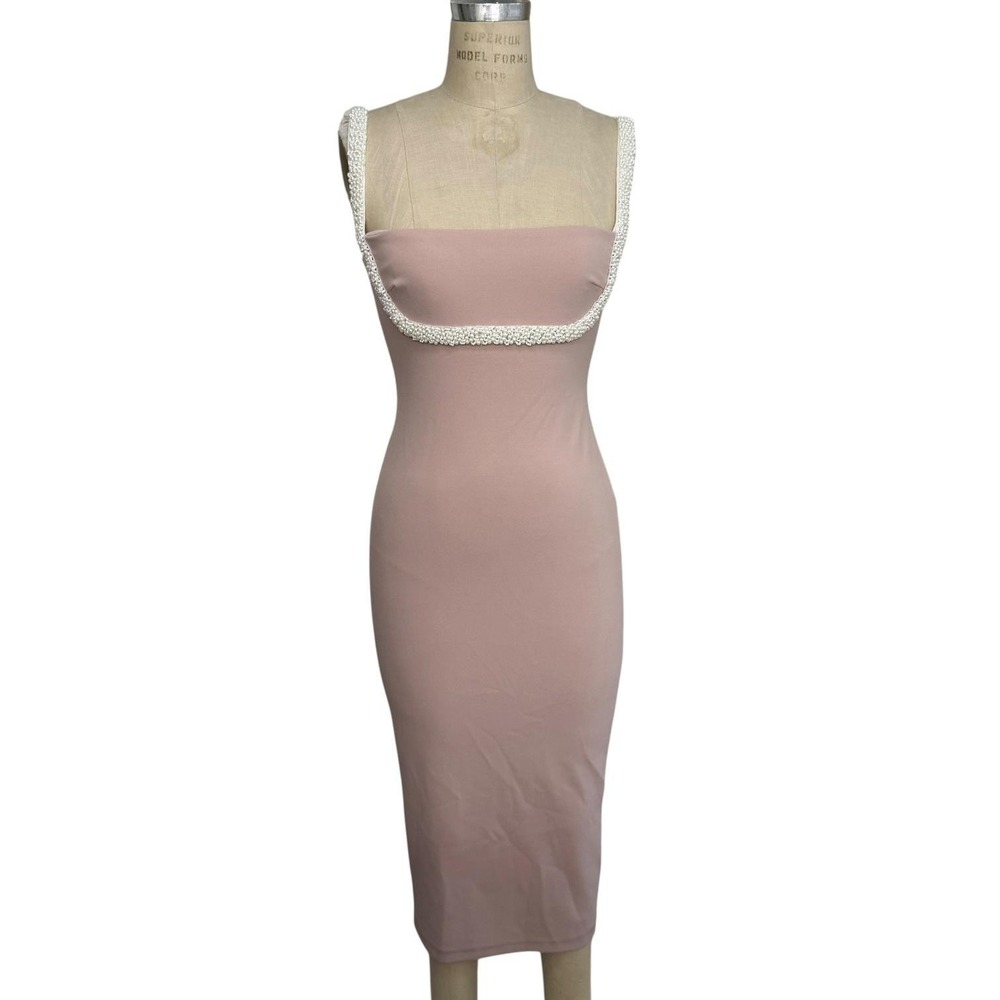 NEW Nookie Nouveau Midi Dress Womens M Pink Beaded Strap Bodycon Square Neck